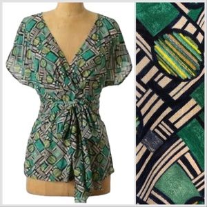 Anthropologie Odille Green Print Top with Tie